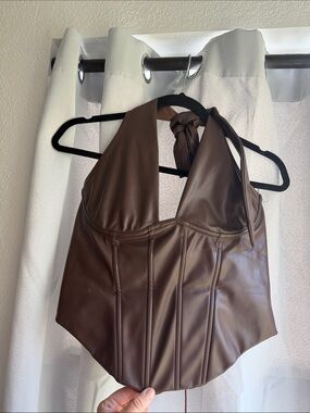 Faux Leather Halter Corset Top - Chocolate Brown